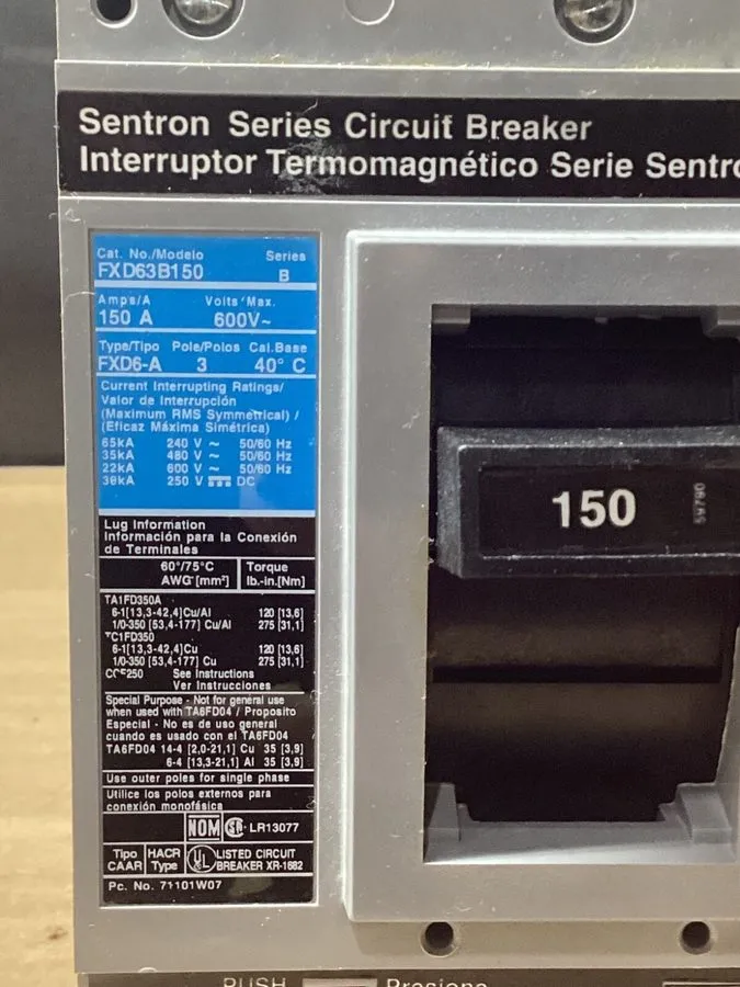 Автоматический выключатель Siemens FXD63B150L Sentron Circuit Breaker 3P 150A 3P