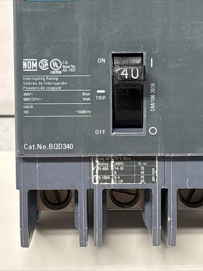Автоматический выключатель Siemens BQD340 3 Pole 40Amp, 480V Circuit Breaker Bla
