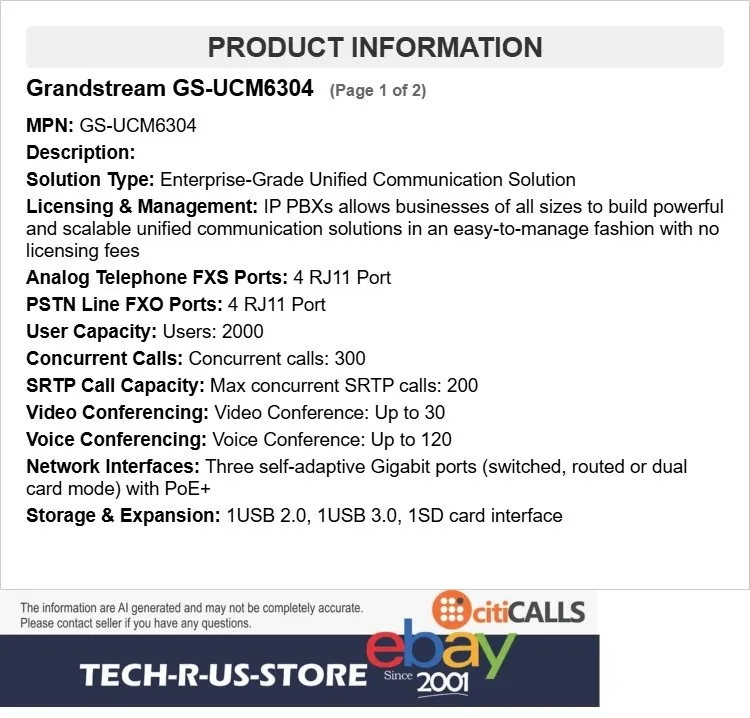 VoIP-шлюз Grandstream GS-UCM6304 IP PBX Appliance 4 FXO 4 FXS Ports 2000 Users G — фото лота 1