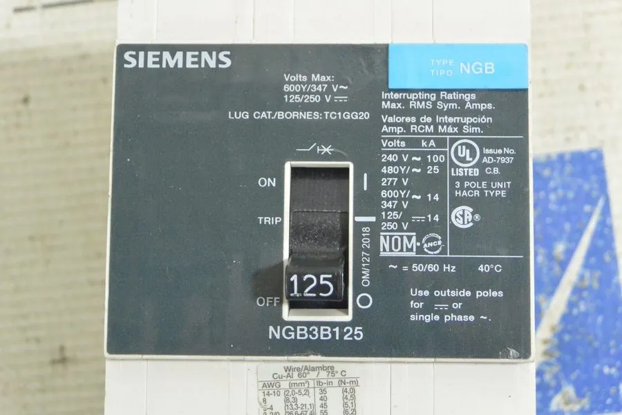 Автоматический выключатель TAKEOUT NTO Siemens NGB3B125 3pole 125amp 480V circui
