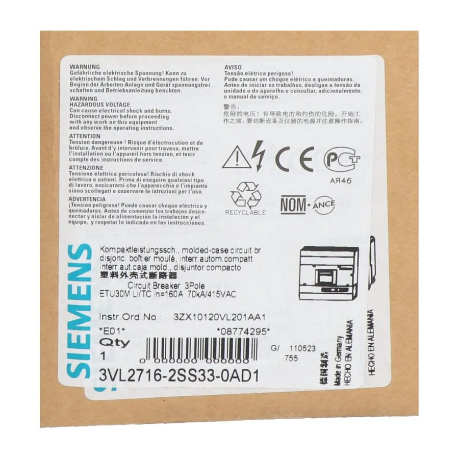 Автоматический выключатель Siemens 3VL2716-2SS33-0AD1 Circuit Breaker VL160H — фото лота 1
