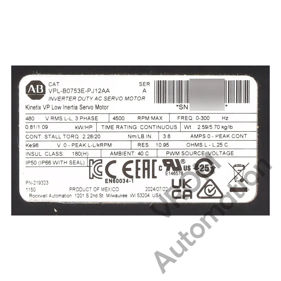 Серводвигатель Allen Bradley VPL-B0753E-PJ12AA Servo Motor Low Inertia Sealed