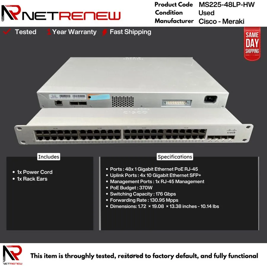 Коммутатор Cisco Meraki MS225-48LP-HW 48-Port 370W PoE+ 4xSFP Switch -UNCLAIMED