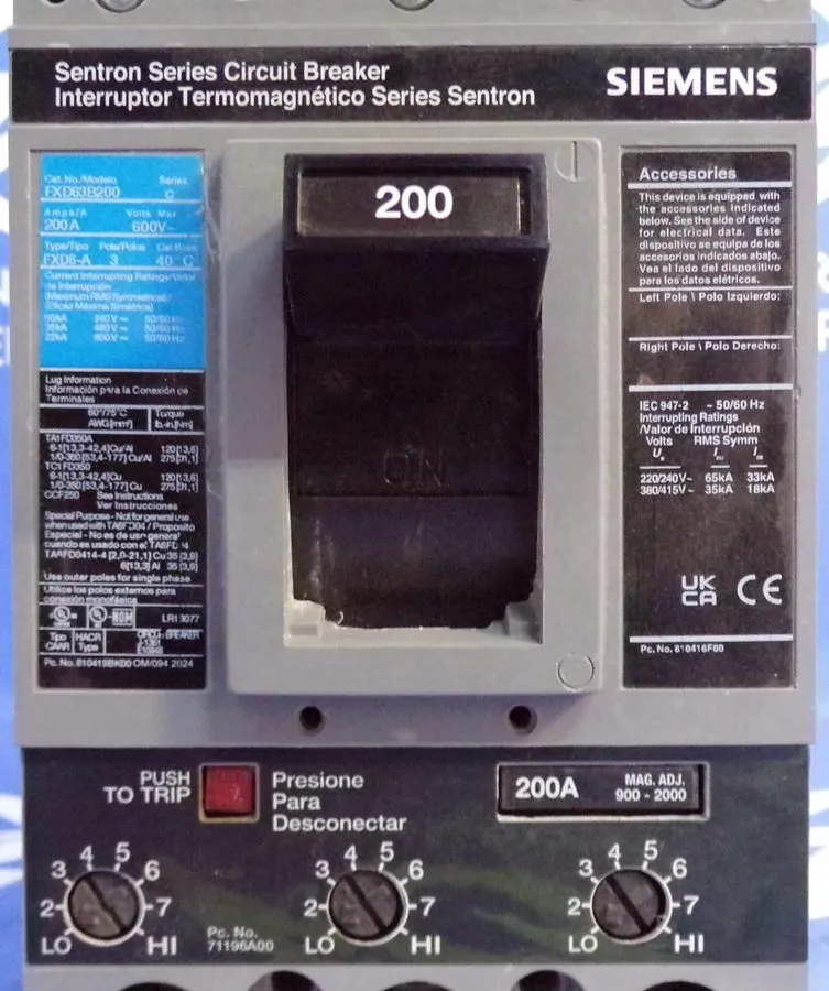 Автоматический выключатель Siemens Sentron 200 Amp Circuit Breaker 3 Pole 600 VA