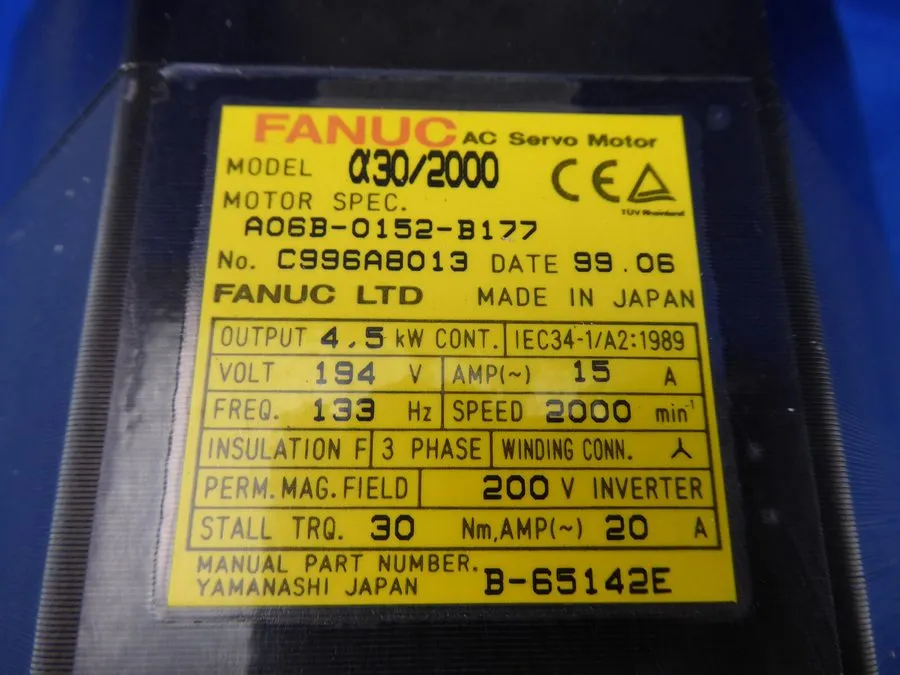 Серводвигатель Fanuc A06B-0152-B177 #0075 AC Servo Motor A30/2000-Reconditioned
