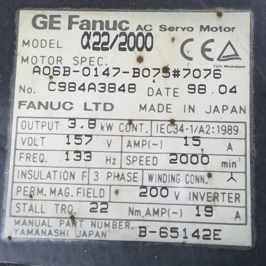 Серводвигатель Fanuc A06B-0147-B675#S000 a22/2000 AC Servo Motor 157 V 3.8 kW A0