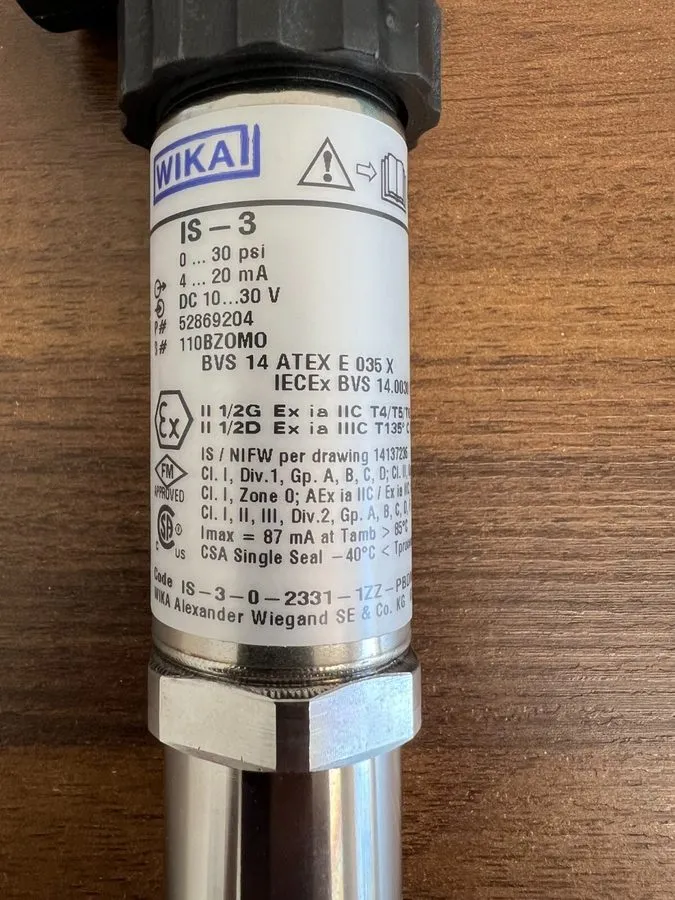 Датчик давления Wika IS-3 Pressure Transmitter 30psi Missing Power Connector — фото лота 2