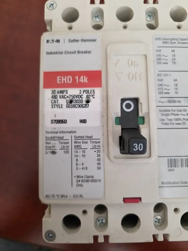 Автоматический выключатель Take Out EATON EHD3030 3 Pole 30 AMP 14kA@480v EHD14k — фото лота 1