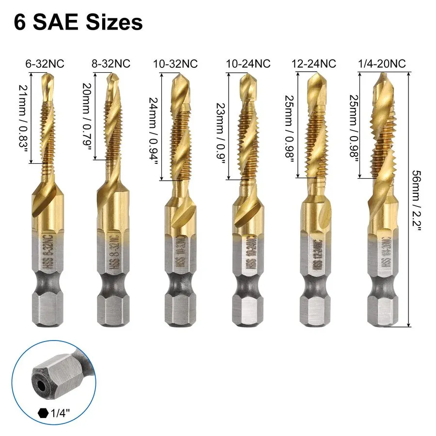 Режущий инструмент Combination Drill and Tap Set, HSS Titanium Thread Taps 6-32N