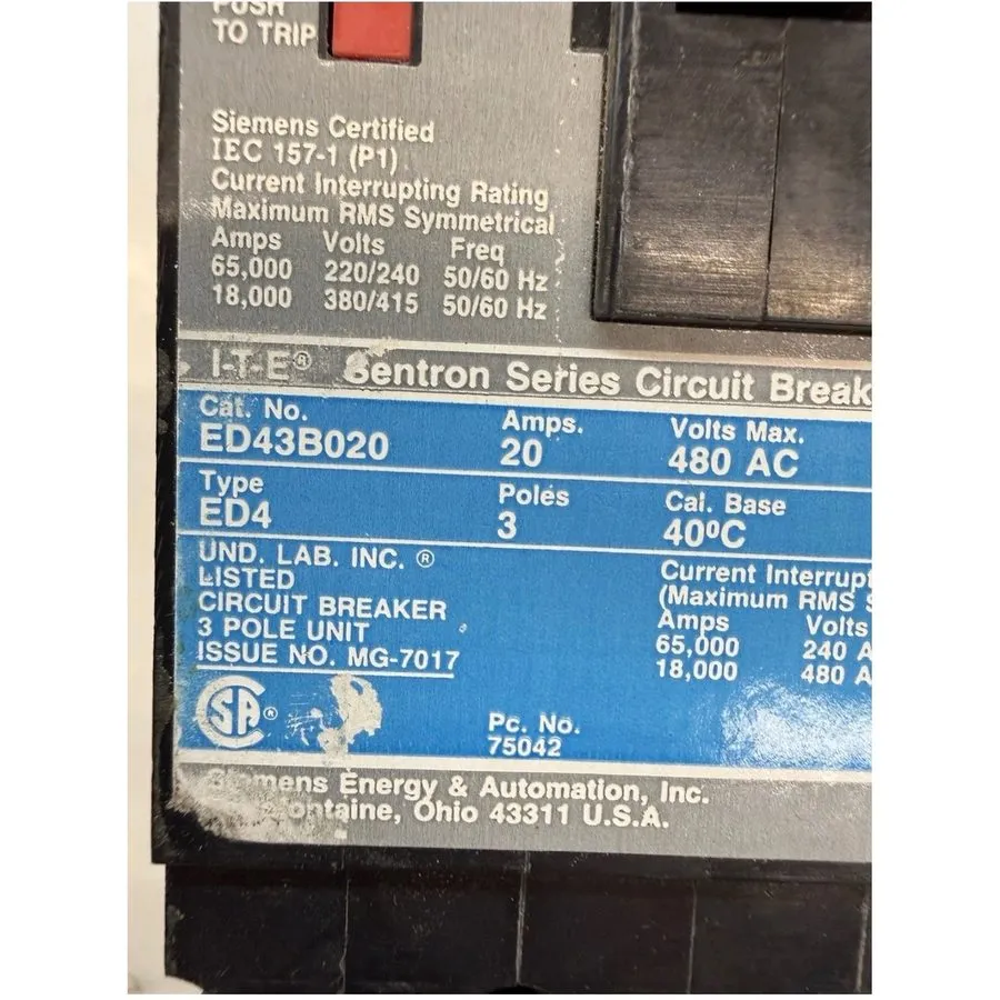 Автоматический выключатель Siemens ITE ED43B020 Sentron 20A 3-Pole Circuit Break