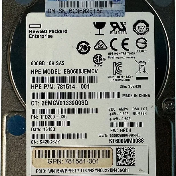 Жёсткий диск 781577-001 781514-001 HP HPE EG0600JEMCV 600GB 12Gbps 10K SFF 2.5" 