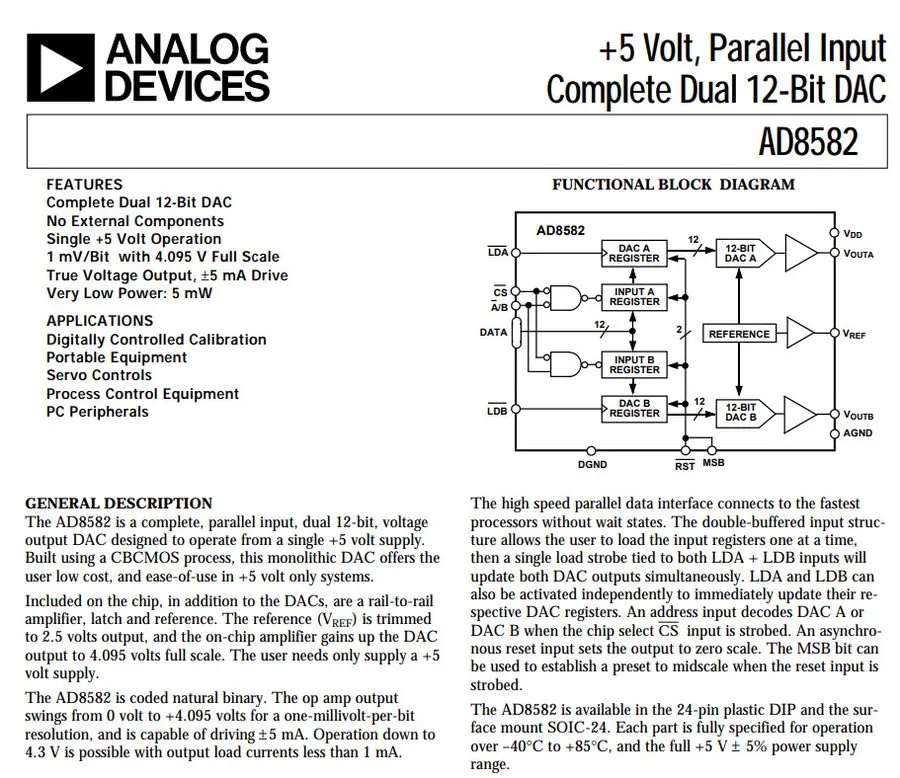 Кабель Analog Devices Inc AD8582AN Dual 12 Bit DAC IC, 24 Pin DIP Tubed — фото лота 1