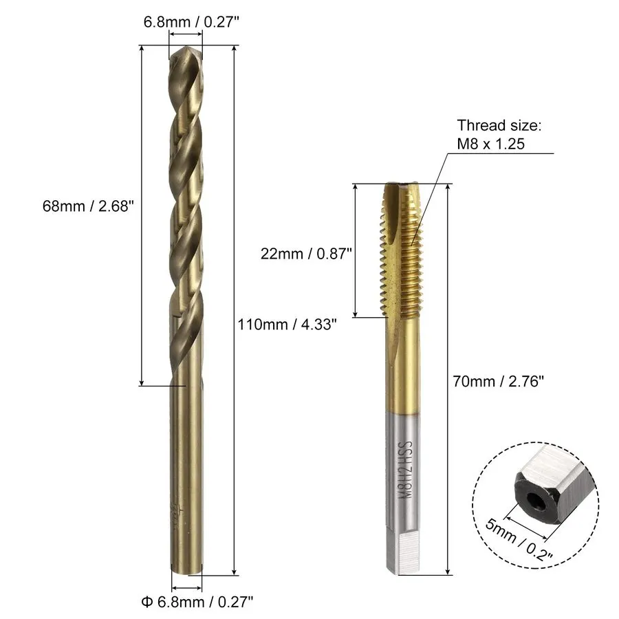 Режущий инструмент M8x1.25 Spiral Point Tap Ti-Coated 6.8mm Drill Bit Roasted Ye