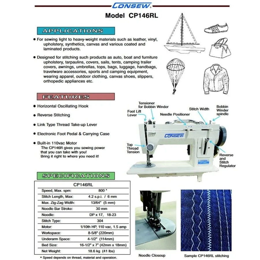 Лабораторный прибор Consew CP146RL Portable Walking Foot Sewing Machine — фото лота 1