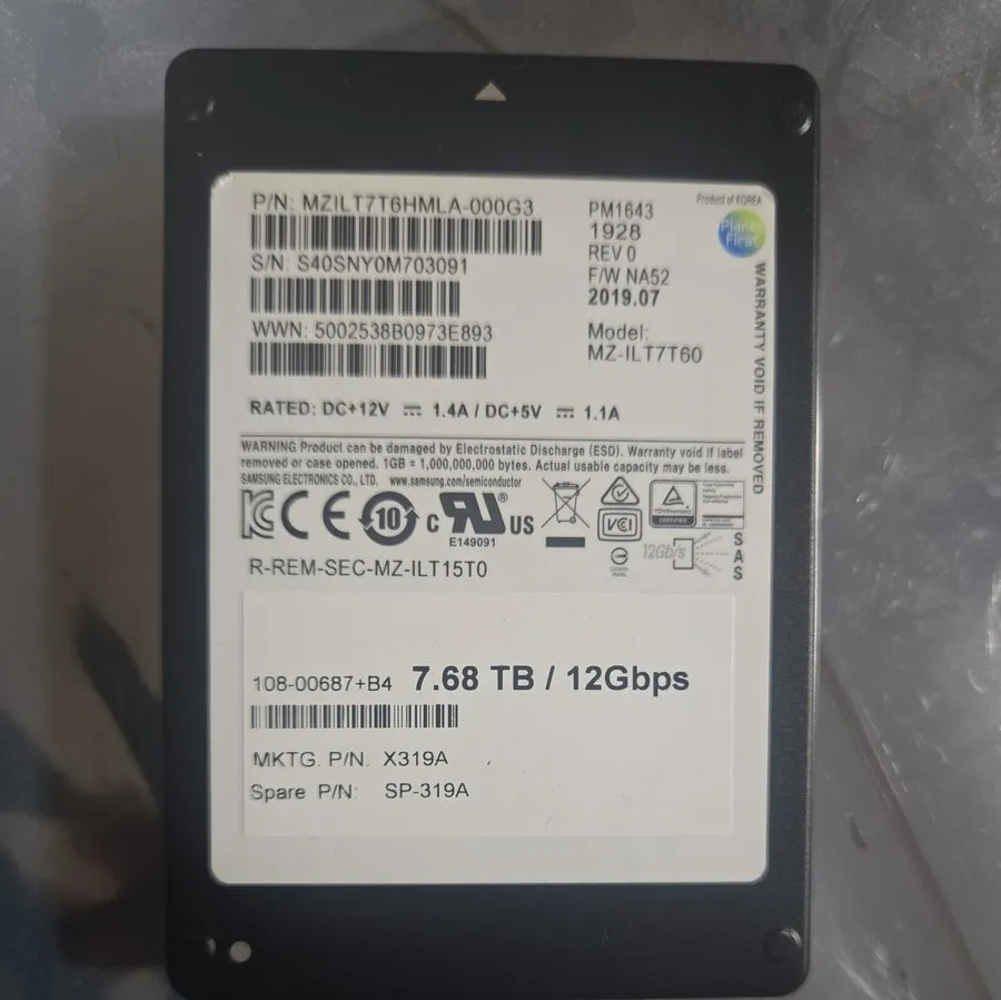 SSD-накопитель Dell/Samsung PM1643 7.68TB MZILT7T6HMLA SAS 12Gb/s 3D TLC 1 DWPD  — фото лота 1