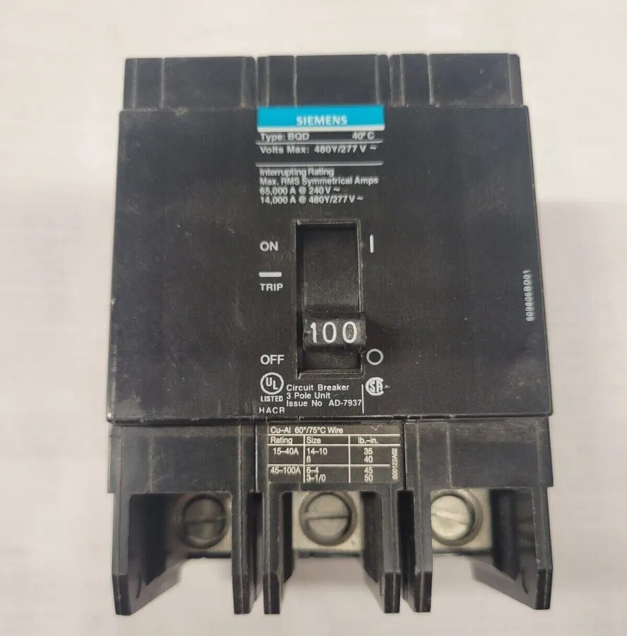 Автоматический выключатель Siemens BQD BQD3100 3 Pole 100 Amp 480V Circuit Break