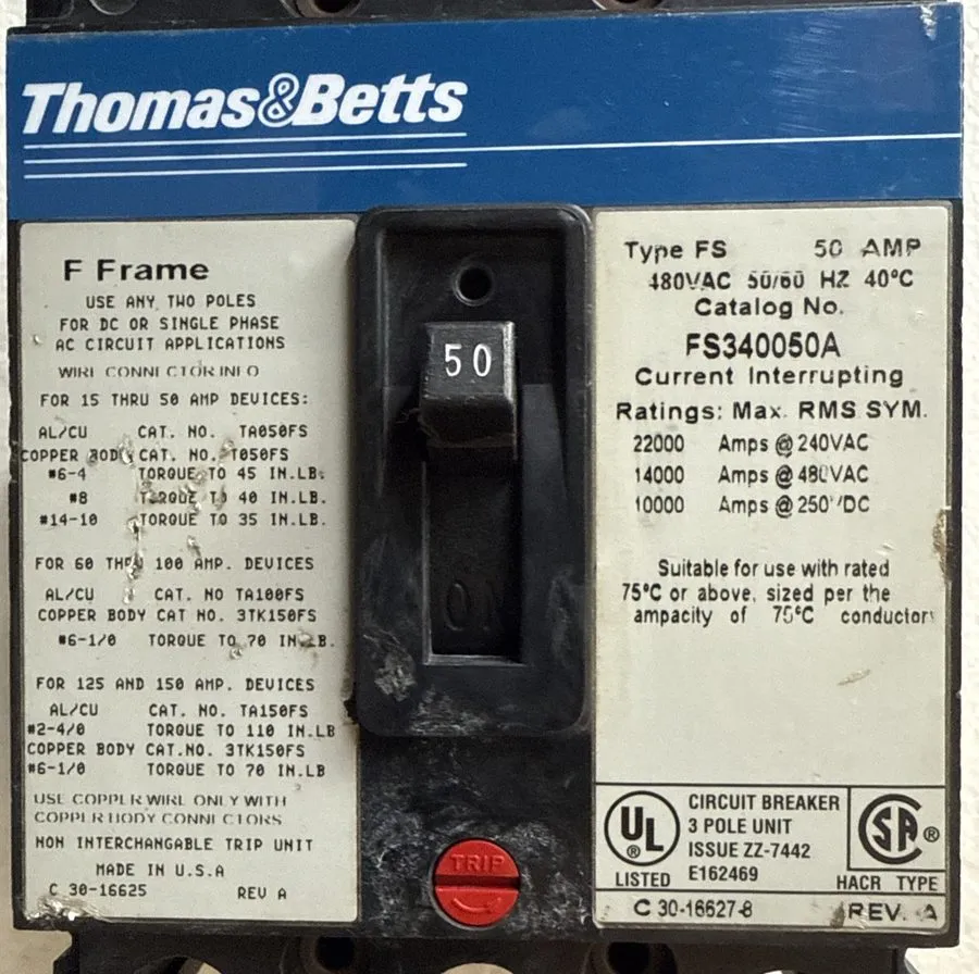 Автоматический выключатель Eaton Cutler Hammer FS340050A 50 Amp 3P 480V Circuit  — фото лота 1
