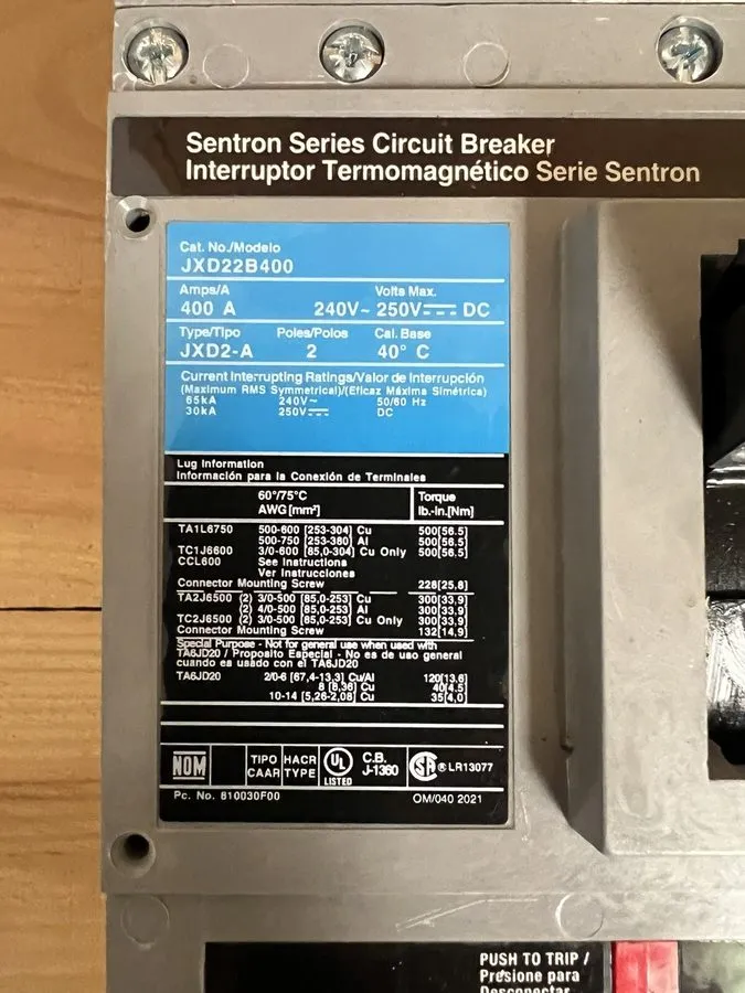 Автоматический выключатель Siemens JXD22B400 400A 2-Pole 240V Sentron Series Cir