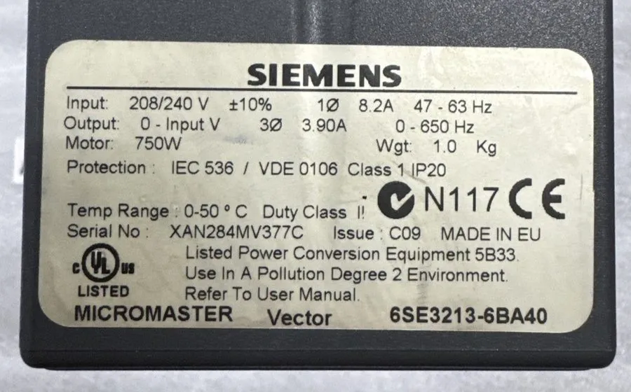 Частотный преобразователь Siemens 6SE3213-6BA40 Micromaster Vector Frequency Inv