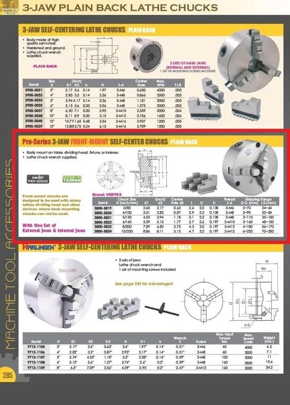Режущий инструмент VERTEX 4" 3-JAW FRONT MOUNT LATHE CHUCK 2 SETS OF JAWS (3800- — фото лота 2