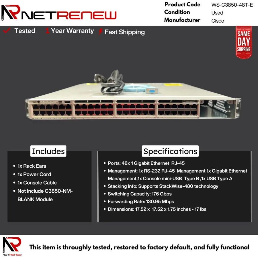 Коммутатор Cisco Catalyst WS-C3850-48T-E 48-Port w/ C3850-NM-4-10G Switch Reset