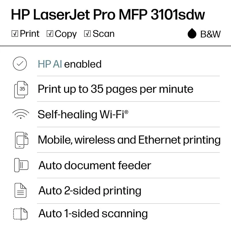 Лазерный принтер HP LaserJet Pro MFP 3101sdw Wireless Black & White Laser Printe