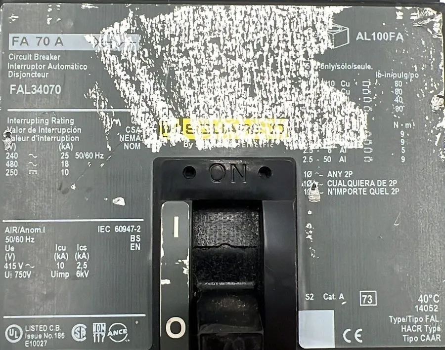 Автоматический выключатель SQUARE D FAL34070 70 AMP 480V 3 POLE CIRCUIT BREAKER 
