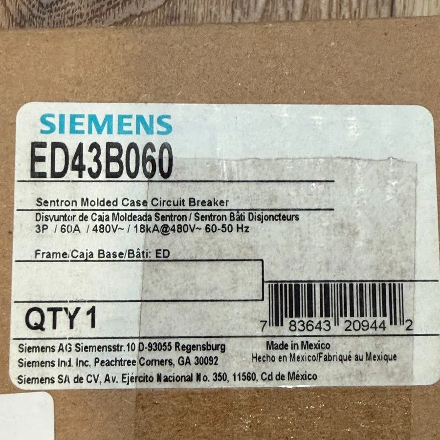 Автоматический выключатель Siemens ED43B060 Sentron Series Circuit Breaker 60A 3