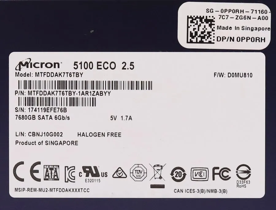 SSD-накопитель Micron 5100 ECO 7.68TB SATA 6Gb/s NAND 2.5'' SSD MTFDDAK7T6TBY **