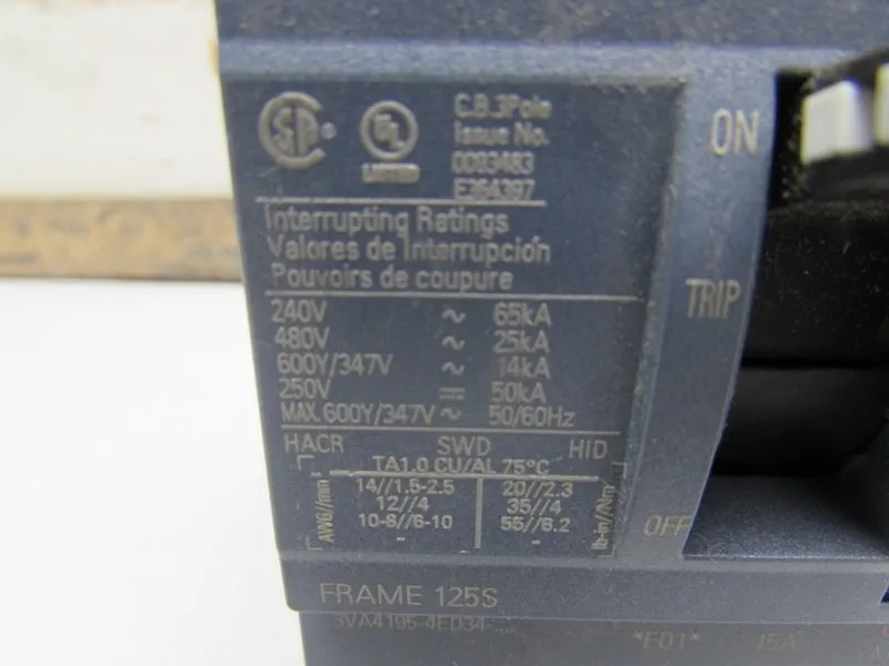 Автоматический выключатель SIemens 3VA4195-4ED34-0AA0 15A 480v 25kA 3P Bolt-on C — фото лота 2