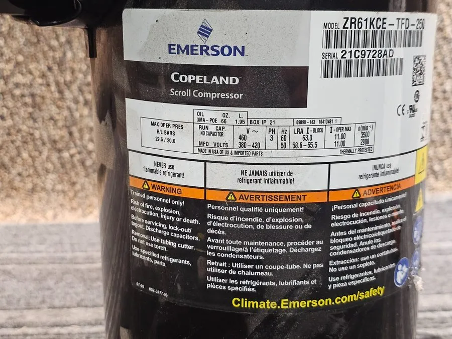 Компрессор Copeland ZR61KCE-TFD-250 Scroll Compressor Replacement 5 HP 460V 3 PH — фото лота 2