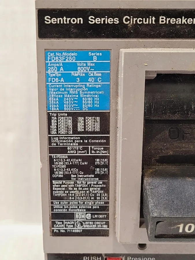 Автоматический выключатель SIEMENS FD63F250 SENTRON SERIES B 250 AMP CIRCUIT BRE