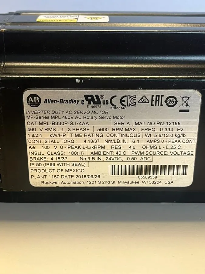 Серводвигатель MPL-B330P-SJ74AA Servo Motor Allen‑Bradley 1.8kW 660V AC — фото лота 1