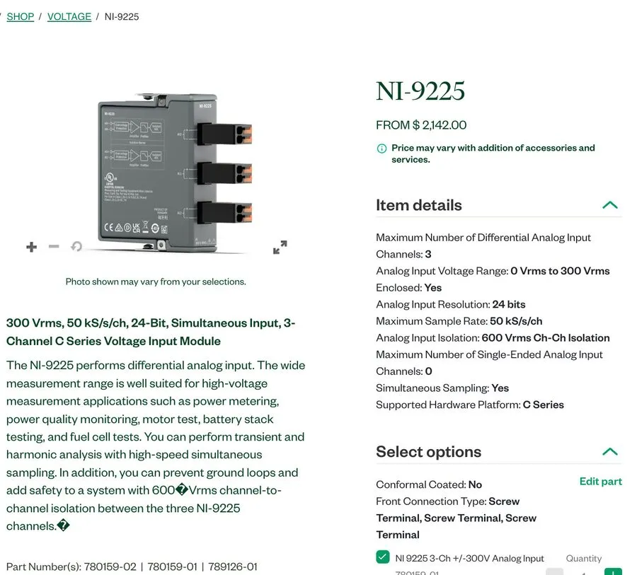 Модуль ввода-вывода National Instruments NI9225 3-Channel C Series Voltage Input