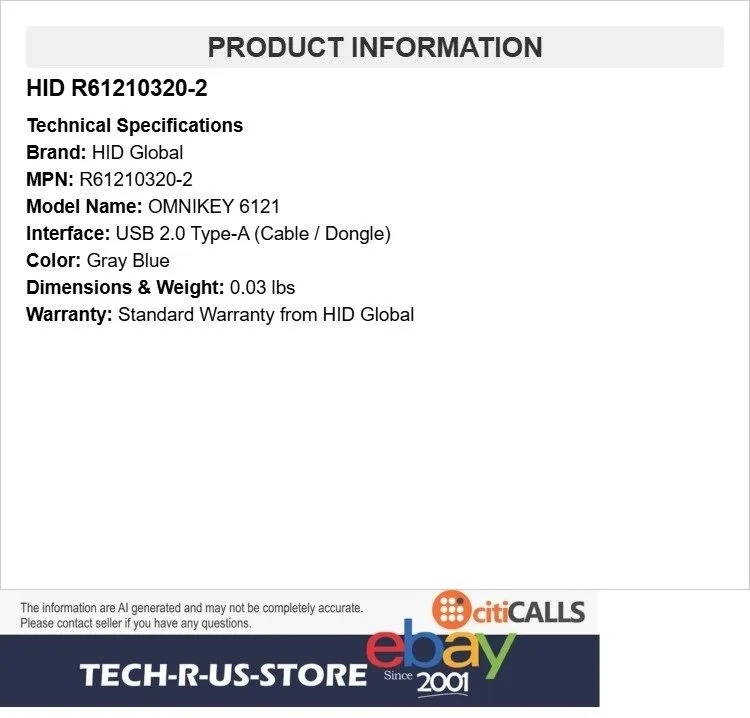 Оборудование видеонаблюдения HID Omnikey 6121 Mobile USB Smart Card er (R6121032 — фото лота 1