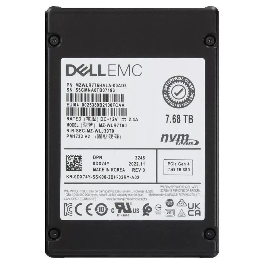 SSD-накопитель 7.68TB Samsung PM1733 SSD DELL 0Y27TR NVME MZ-WLJ7T60 u.2 MZWLJ7T