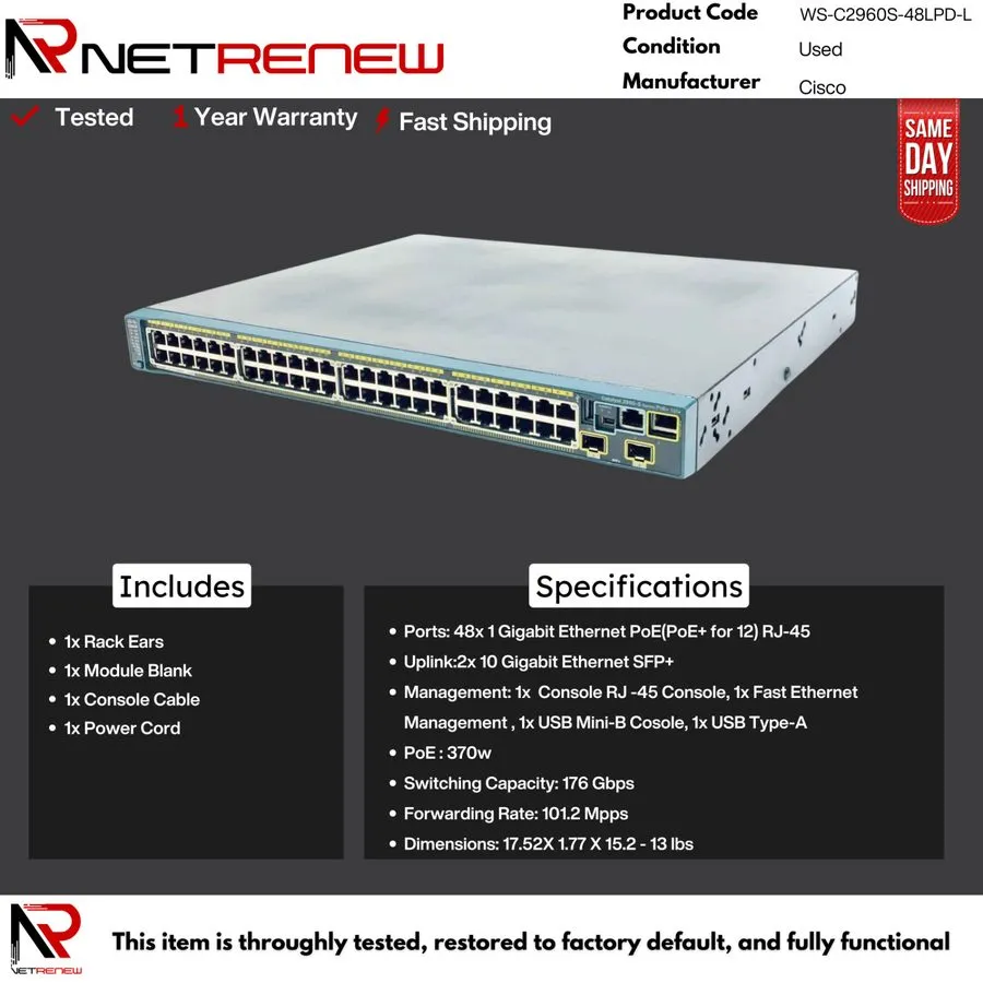 Коммутатор Cisco 2960S 48 Port Gigabit 370W PoE+ Switch, WS-C2960S-48LPD-L