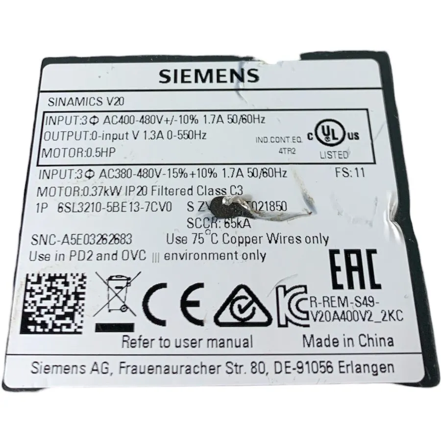 Частотный преобразователь 6SL3210-5BE13-7CV0 SIEMENS SINAMICS V20 INVERTER; 0.37