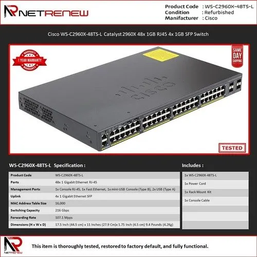 Коммутатор Cisco WS-C2960X-48TS-L Catalyst 2960X 48x 1GB RJ45 4x 1GB SFP Switch