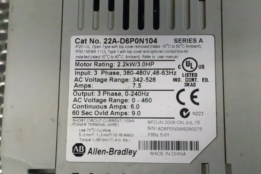 Частотный преобразователь Allen-Bradley 22A-D6P0N104 PowerFlex 4 2.2 kW (3 Hp) A — фото лота 2