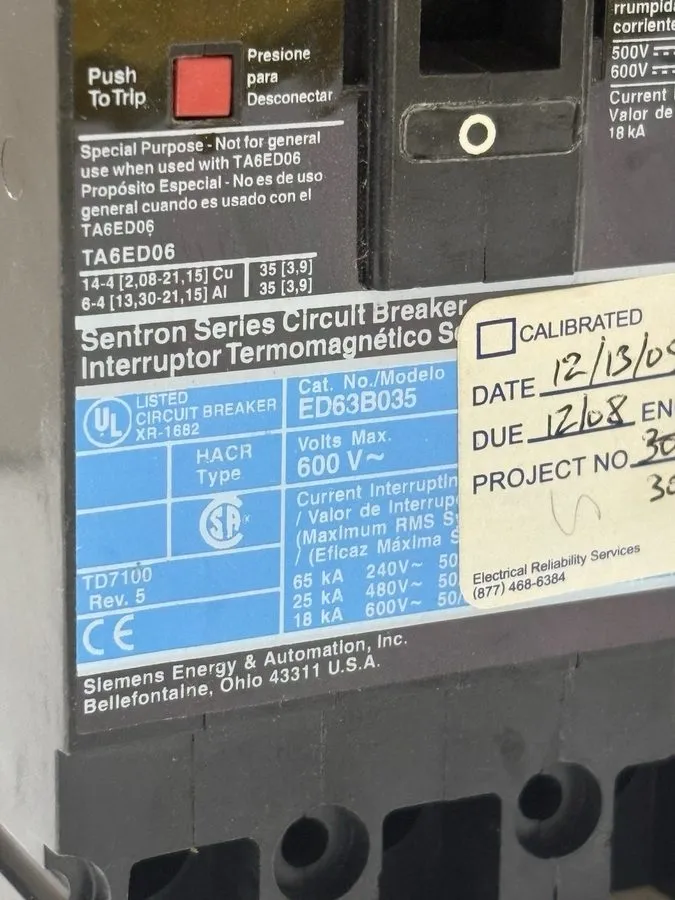 Автоматический выключатель Siemens ED63B035 35A Sentron Circuit Breaker Type ED6