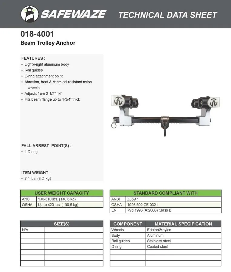 Складское оборудование Safewaze 018-4001 Adjustable Horizontal Beam Trolley Fall — фото лота 2