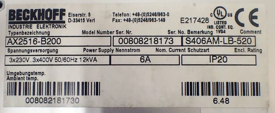 Сервопривод BECKHOFF AX2526 + AX2516-B200 SERVO DRIVE