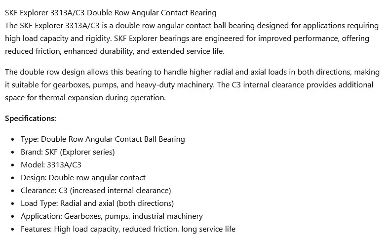 Подшипник SKF EXPLORER 3313A/C3 2- ROW ANGULAR CONTACT BEARING