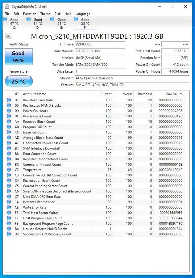 SSD-накопитель MTFDDAK1T9QDE Micron 5210 ION Series 1.92TB SATA 6Gb/s QLC 2.5in 