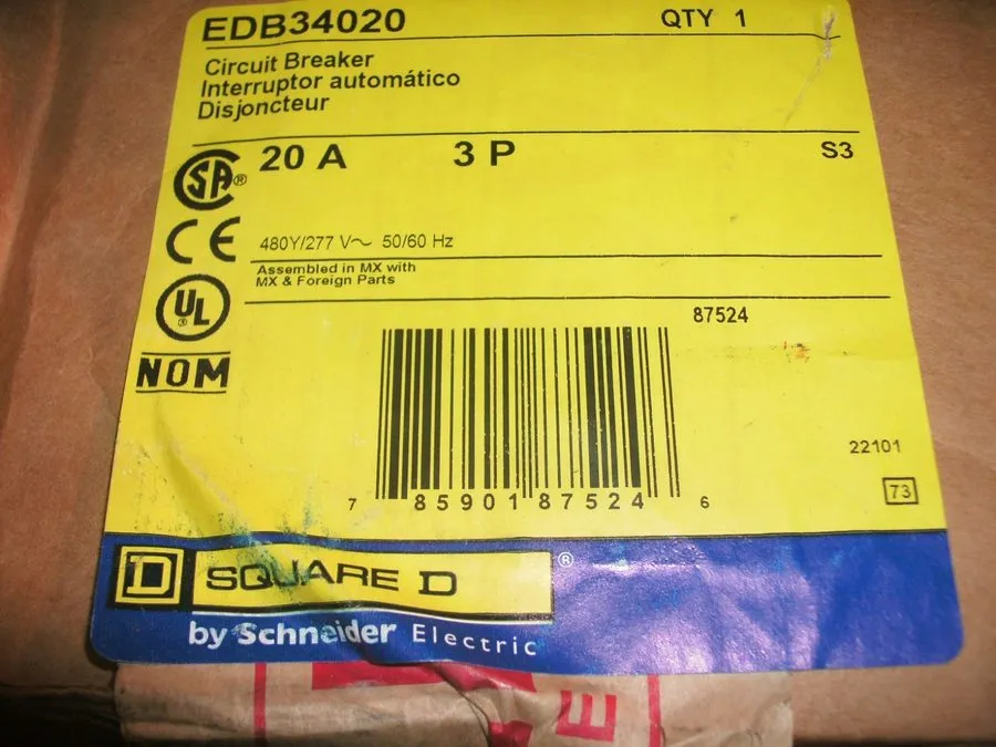 Автоматический выключатель SQUARE D EDB34020, 3P, 20A, 480V, BOLT-ON CIRCUIT BRE