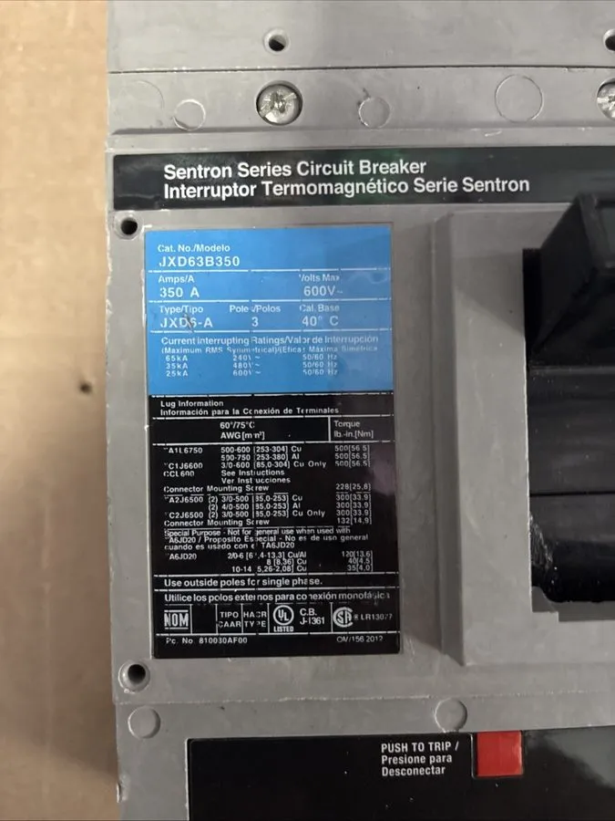 Автоматический выключатель SIEMENS SENTRON CIRCUIT BREAKER JXD63B400 400 AMP 3-P