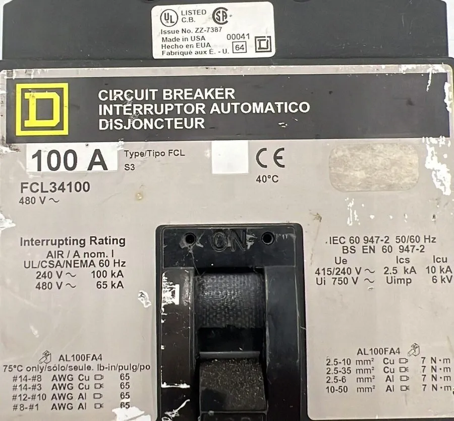 Автоматический выключатель Square D FCL34100 100A 480V 3 Pole Main Circuit Break