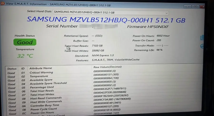 Samsung PM981a MZ-VLB2560 512GB NVMe M.2 2280 Internal SSD (98% Health)