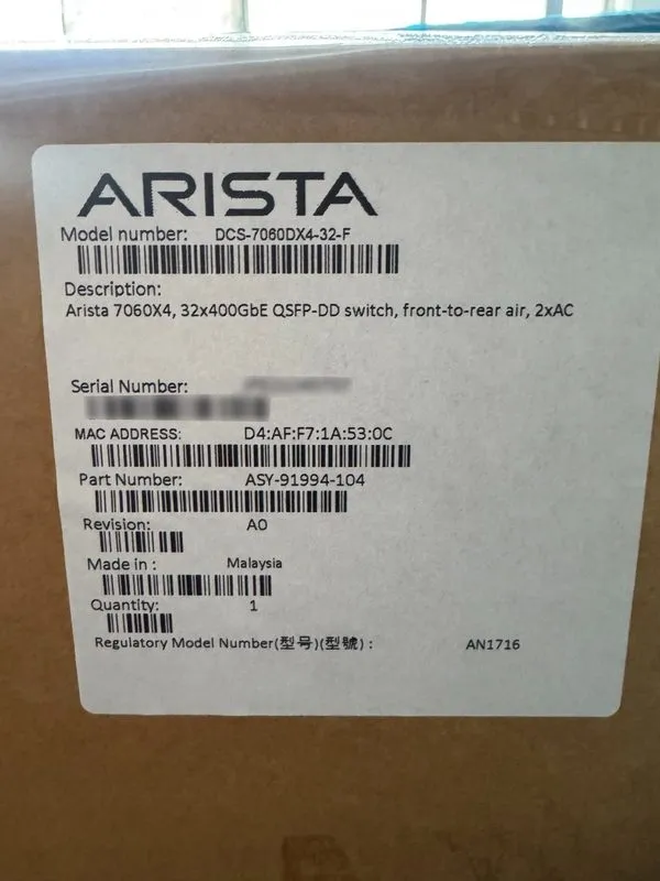Коммутатор Arista DCS-7060DX4-32-F 7060X4, 32x400GbE QSFP-DD, front-to-rear air